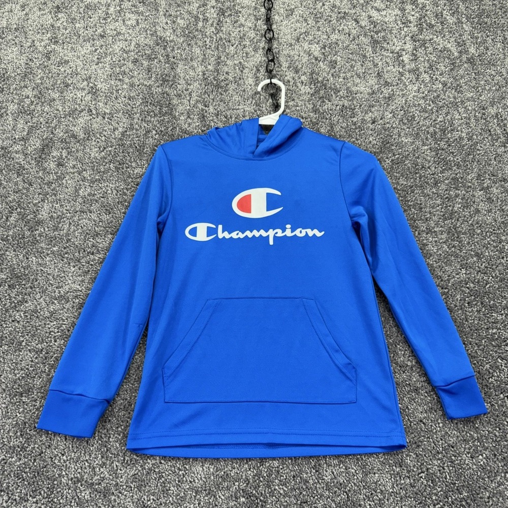 Champion Hoodie Kids 10-12 Blue Mesh Logo Pullover Kangaroo Pocket Athletic